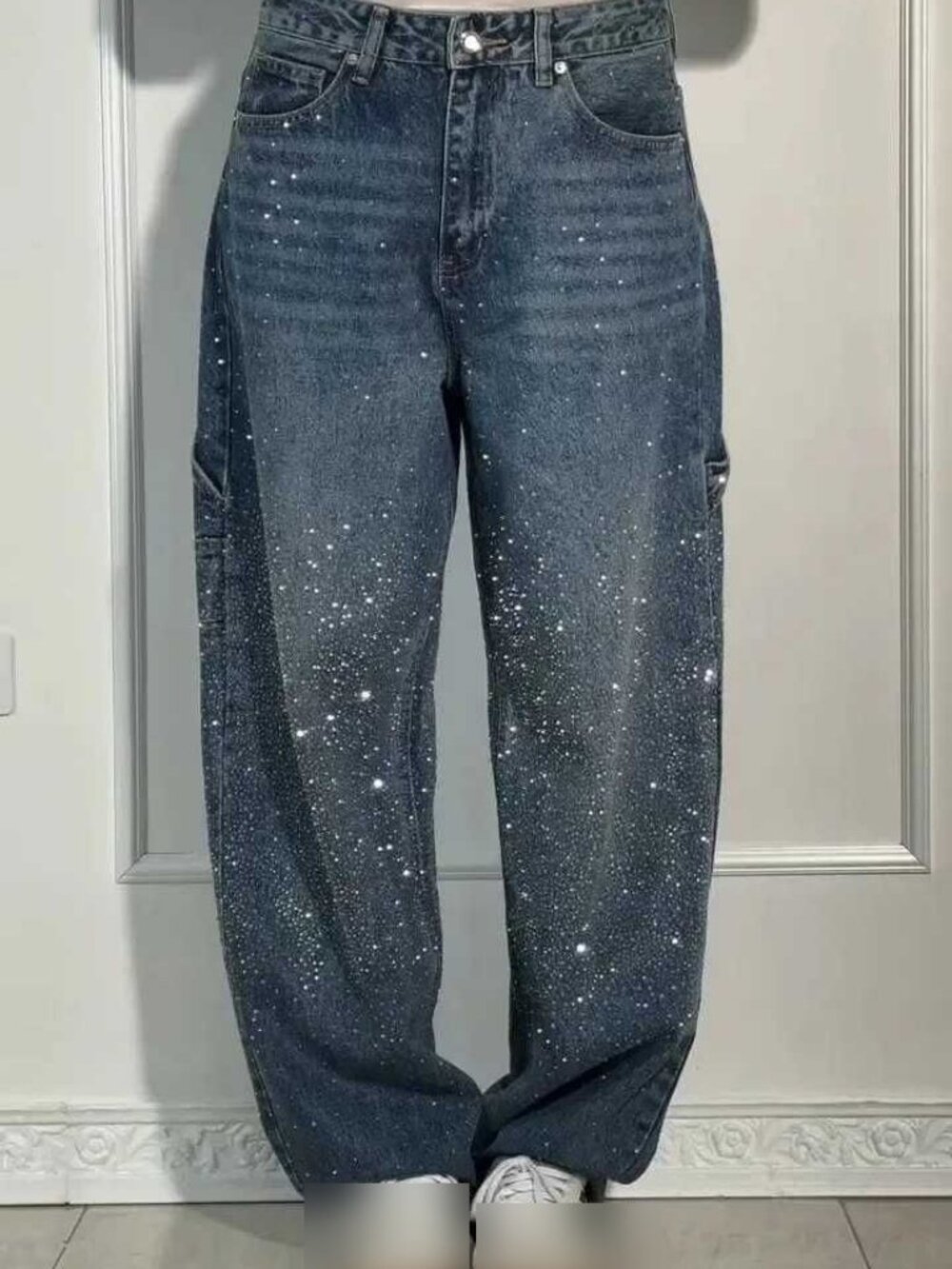 Y2K Rhinestone Scatter Baggy Jeans High Waist Carpenter Wide Leg Denim